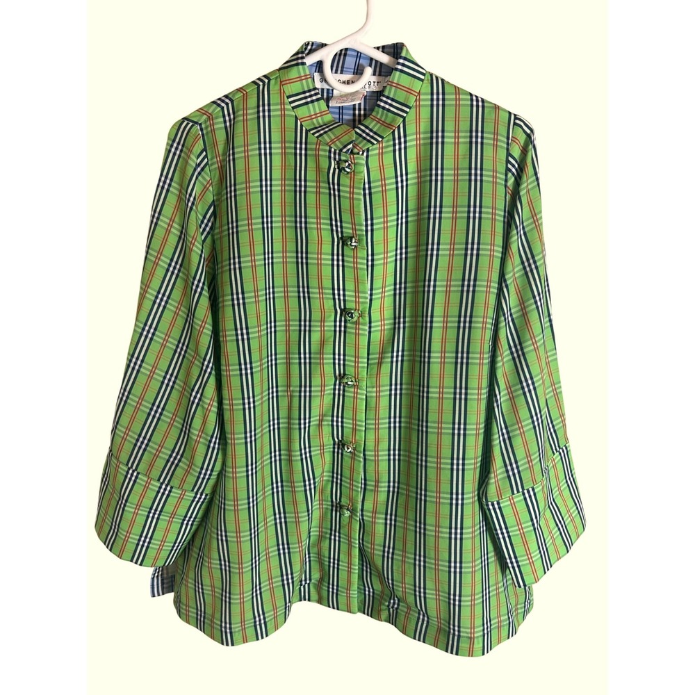 Gretchen Scott Button Down Shirt Women Large Green Plaid Mandarin Collar Knots